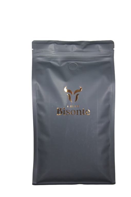 Caffè Bisonte, MATT BLACK, boxpouch, CO2 neutral, sealstrip,1000 gram / 1 kg. verpakking